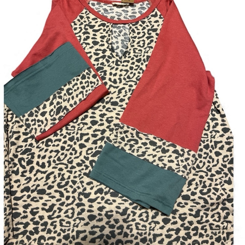 Leopard Print Women’s Top with Red and Teal Accent Long Sleeves - Picture 3 of 5